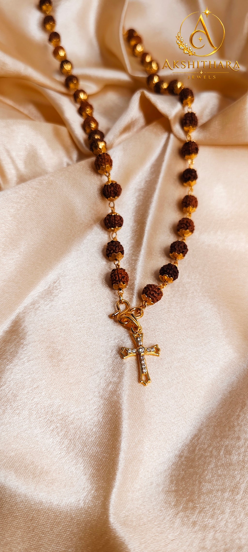 Gold Plated Rudrakshamaala with Diamond Replica Cross Pendant