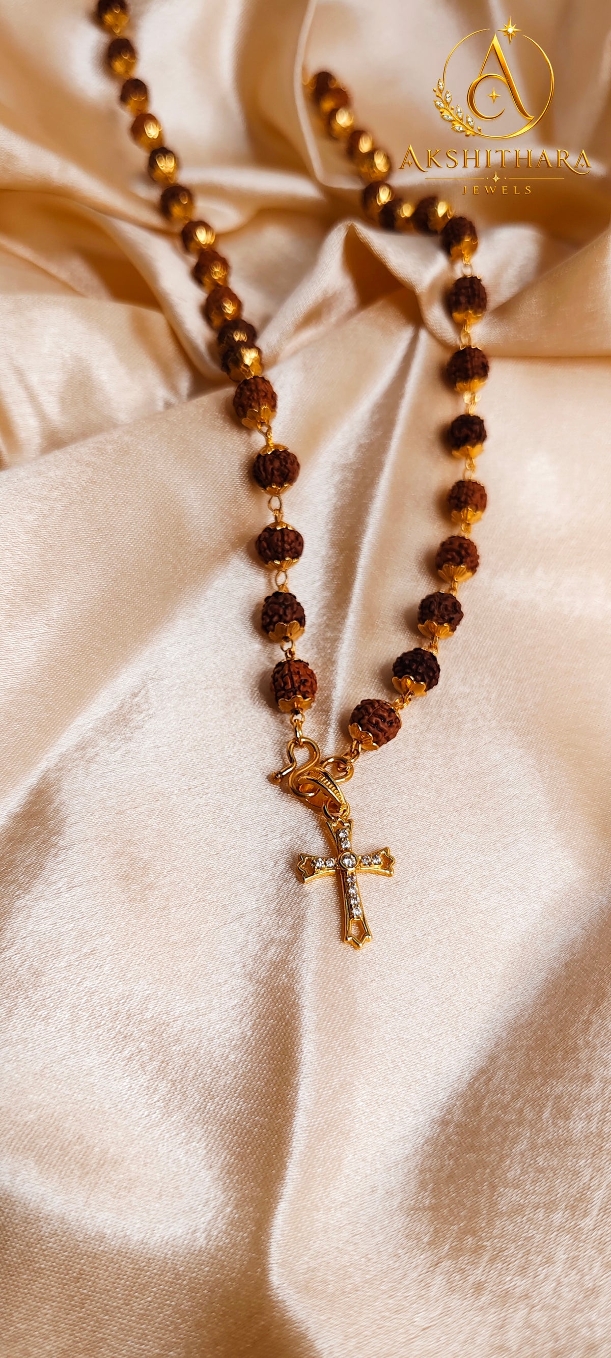 Gold Plated Rudrakshamaala with Diamond Replica Cross Pendant