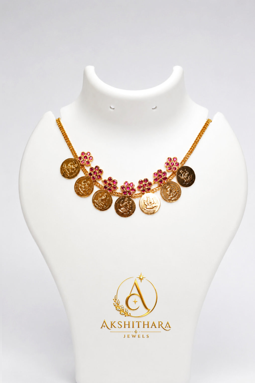 Gold Plated Ruby Lakshmi Coin Necklace